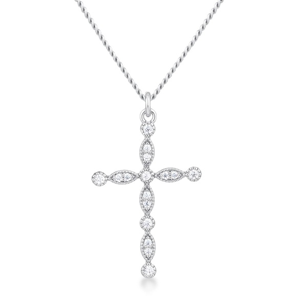 Delicate Vintage Rhodium Plated Clear CZ Cross Pendant - Picture 1 of 2